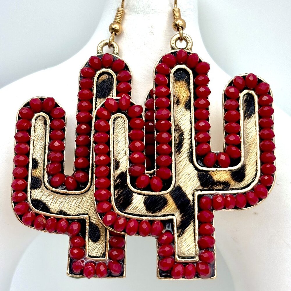 Red Crystal Beaded Leopard Animal Print Saguaro Cactus Southwest Dangle Earrings
